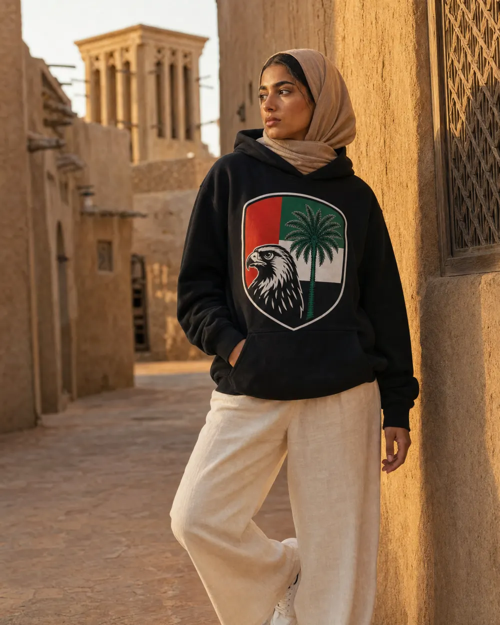 Woman in a black hoodie with a falcon and palm crest print, standing in a sunlit old-town lane