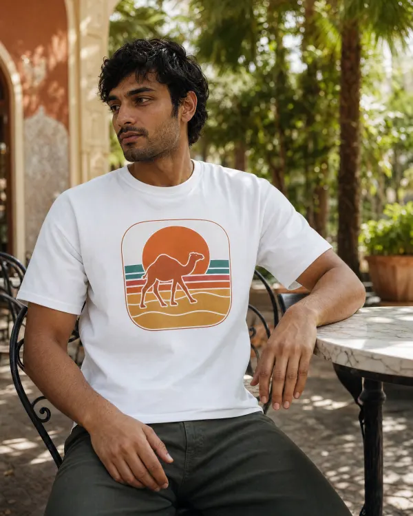 Person in a white t-shirt with a desert sunset and camel print